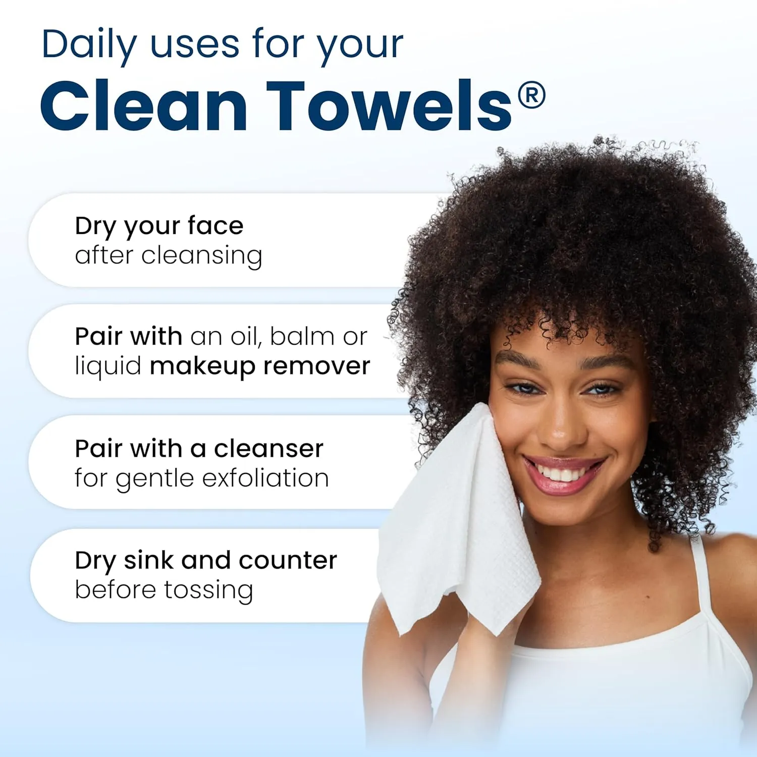 Daily uses for Clean Towels dry face makeup remover cleanser and counter wipe